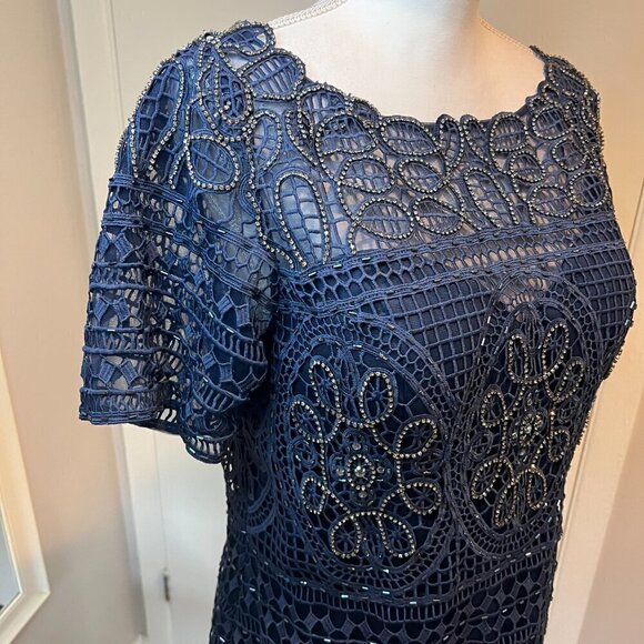 Aidan Mattox Navy Short Lace Beaded Sheath Cocktail Dress, Size 12 - Picture 9 of 16
